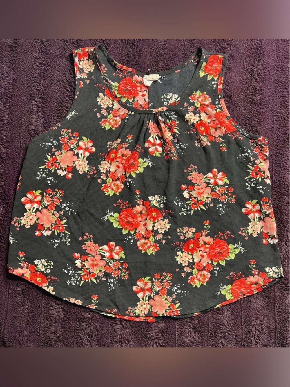 Fashion Magazine Black Sleeveless Floral Camisole with Red Flowers
